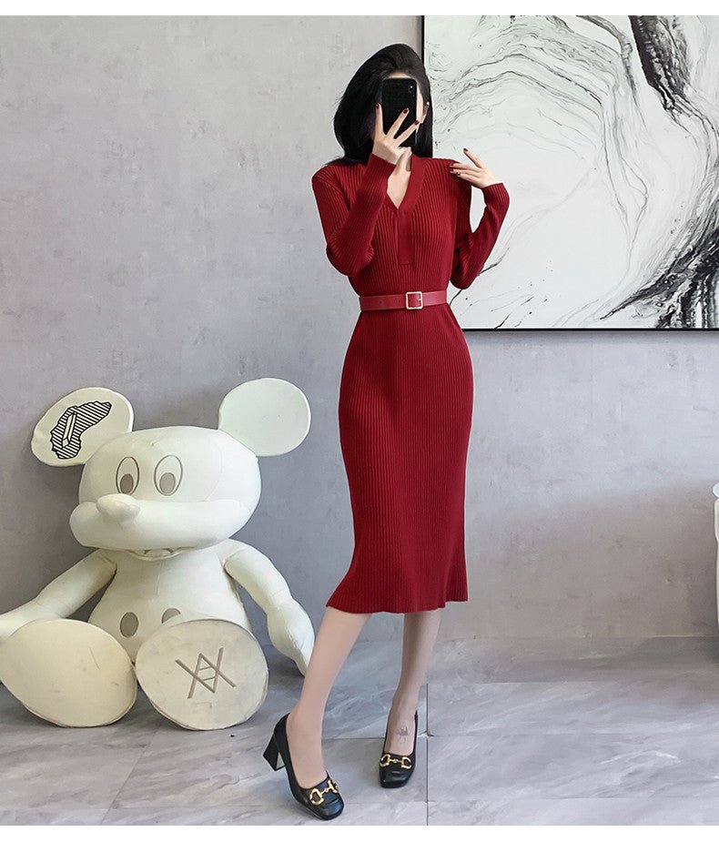2024 Cross-border Red Knitted dress 2024 New Autumn Elegant High-end Waist Long Dress French Skirt - Cozy & Co. Market