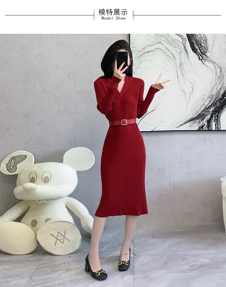 2024 Cross-border Red Knitted dress 2024 New Autumn Elegant High-end Waist Long Dress French Skirt - Cozy & Co. Market