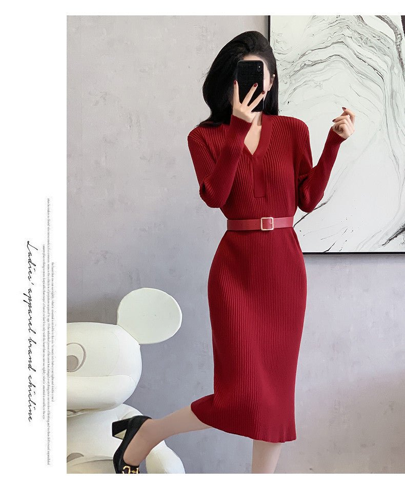 2024 Cross-border Red Knitted dress 2024 New Autumn Elegant High-end Waist Long Dress French Skirt - Cozy & Co. Market