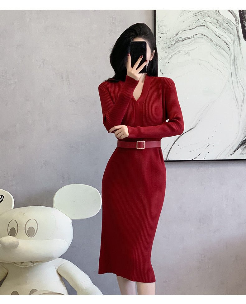 2024 Cross-border Red Knitted dress 2024 New Autumn Elegant High-end Waist Long Dress French Skirt - Cozy & Co. Market