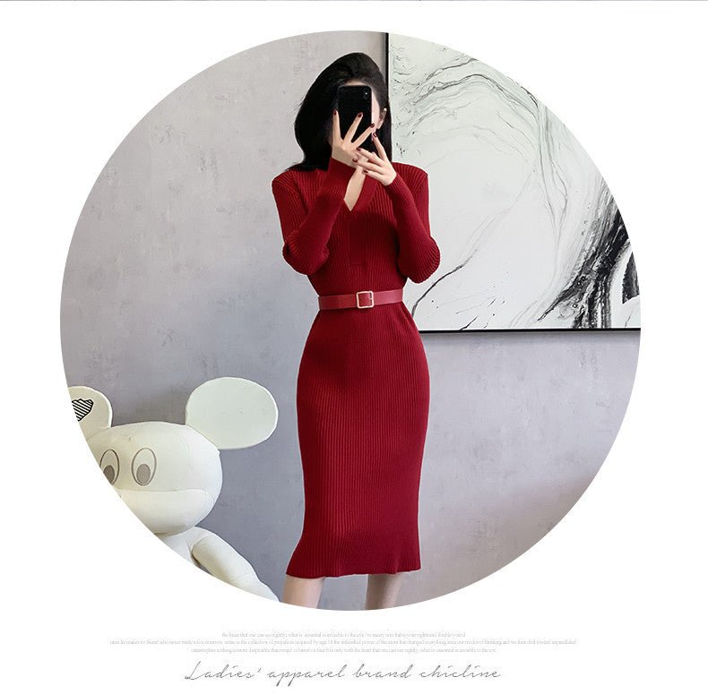2024 Cross-border Red Knitted dress 2024 New Autumn Elegant High-end Waist Long Dress French Skirt - Cozy & Co. Market