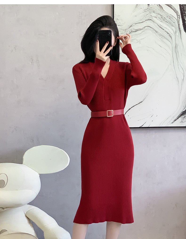 2024 Cross-border Red Knitted dress 2024 New Autumn Elegant High-end Waist Long Dress French Skirt - Cozy & Co. Market