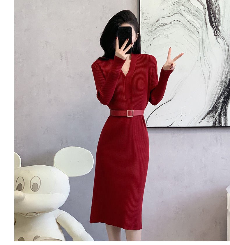 2024 Cross-border Red Knitted dress 2024 New Autumn Elegant High-end Waist Long Dress French Skirt - Cozy & Co. Market