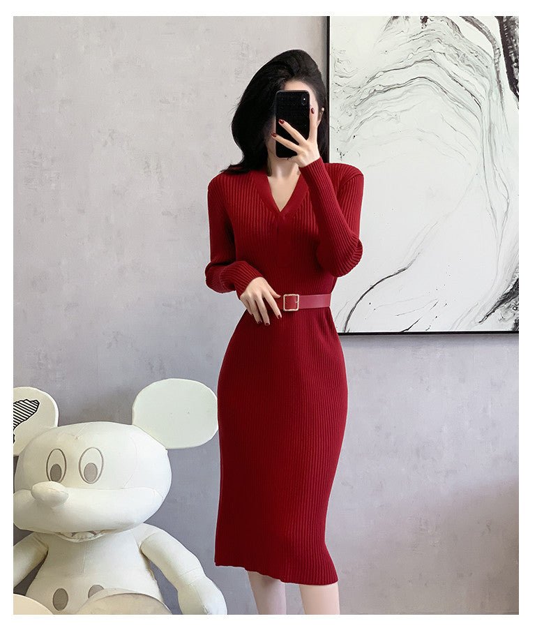 2024 Cross-border Red Knitted dress 2024 New Autumn Elegant High-end Waist Long Dress French Skirt - Cozy & Co. Market