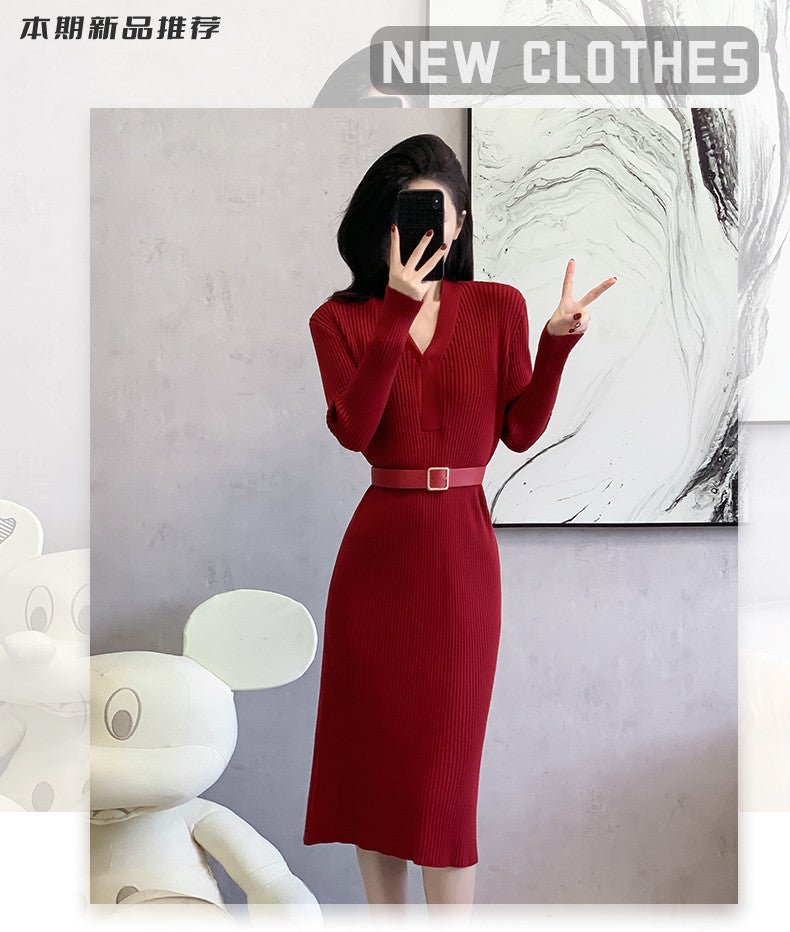 2024 Cross-border Red Knitted dress 2024 New Autumn Elegant High-end Waist Long Dress French Skirt - Cozy & Co. Market