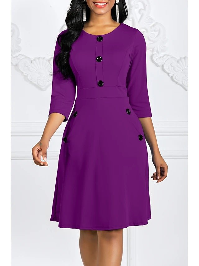 2024 Plus-Size European and American Style Solid Color Round Neck Short-Sleeve Three-Quarter Sleeve Buttoned Waist-Cinching A-Line Dress Vacation Beach Dress - Cozy & Co. Market