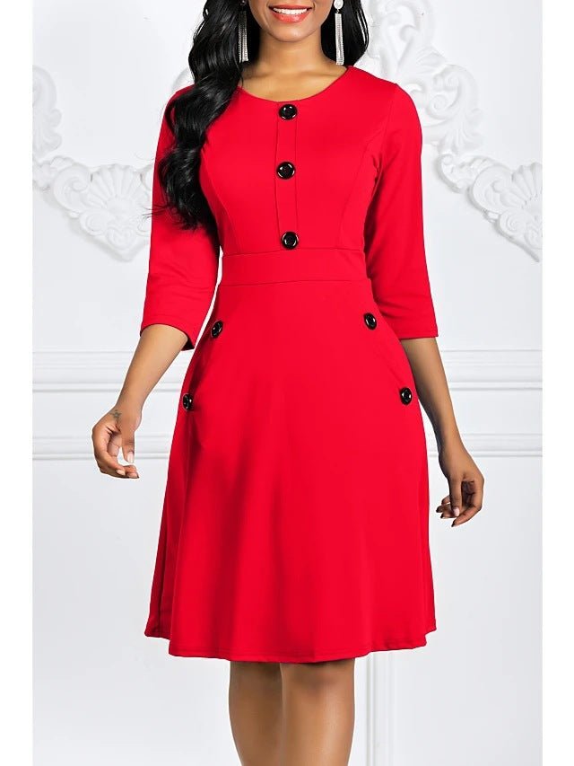2024 Plus-Size European and American Style Solid Color Round Neck Short-Sleeve Three-Quarter Sleeve Buttoned Waist-Cinching A-Line Dress Vacation Beach Dress - Cozy & Co. Market