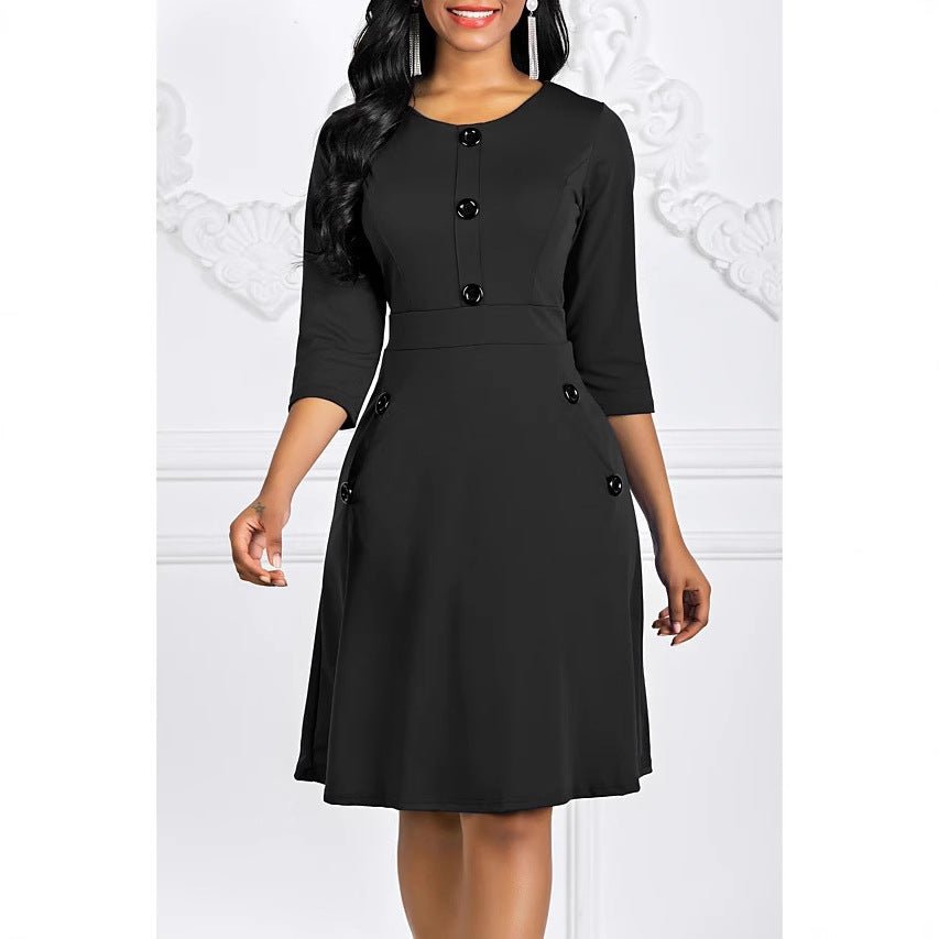 2024 Plus-Size European and American Style Solid Color Round Neck Short-Sleeve Three-Quarter Sleeve Buttoned Waist-Cinching A-Line Dress Vacation Beach Dress - Cozy & Co. Market