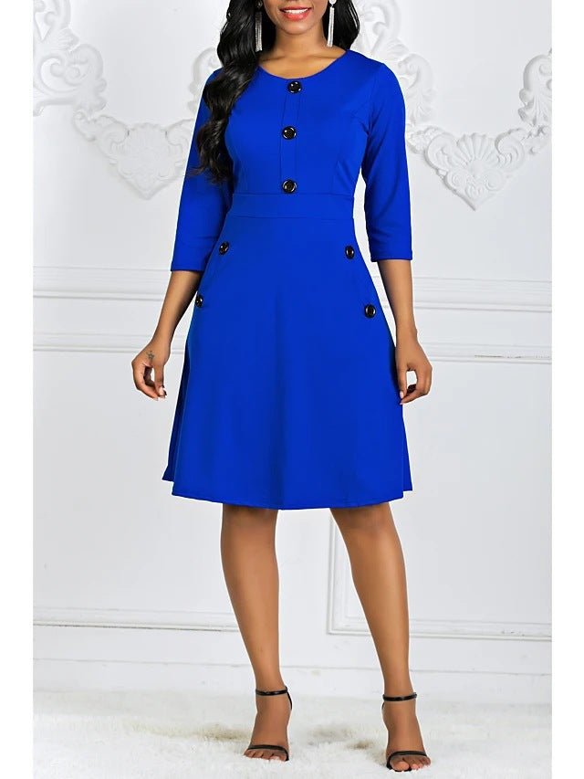 2024 Plus-Size European and American Style Solid Color Round Neck Short-Sleeve Three-Quarter Sleeve Buttoned Waist-Cinching A-Line Dress Vacation Beach Dress - Cozy & Co. Market