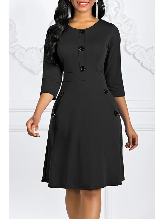 2024 Plus-Size European and American Style Solid Color Round Neck Short-Sleeve Three-Quarter Sleeve Buttoned Waist-Cinching A-Line Dress Vacation Beach Dress - Cozy & Co. Market