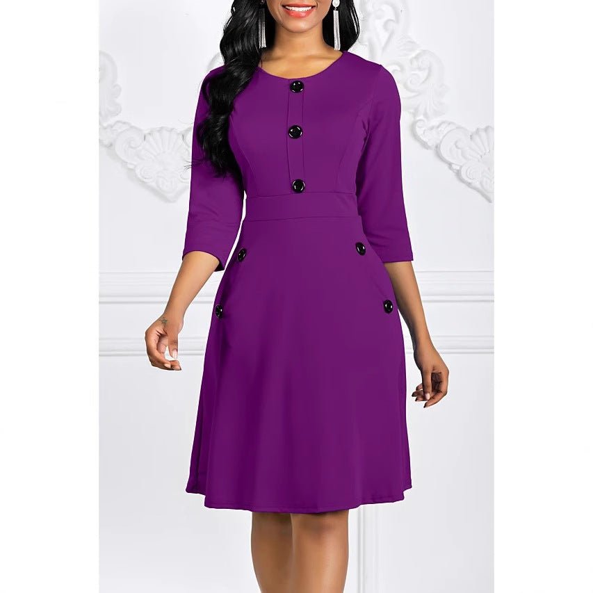 2024 Plus-Size European and American Style Solid Color Round Neck Short-Sleeve Three-Quarter Sleeve Buttoned Waist-Cinching A-Line Dress Vacation Beach Dress - Cozy & Co. Market