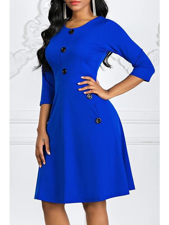 2024 Plus-Size European and American Style Solid Color Round Neck Short-Sleeve Three-Quarter Sleeve Buttoned Waist-Cinching A-Line Dress Vacation Beach Dress - Cozy & Co. Market