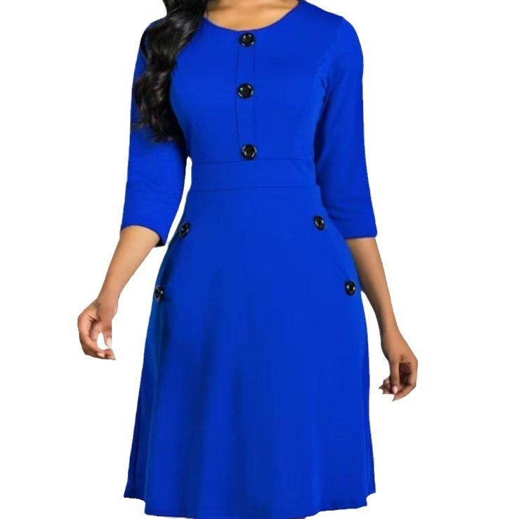 2024 Plus-Size European and American Style Solid Color Round Neck Short-Sleeve Three-Quarter Sleeve Buttoned Waist-Cinching A-Line Dress Vacation Beach Dress - Cozy & Co. Market