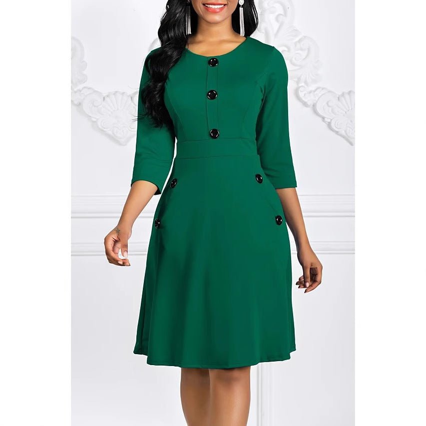 2024 Plus-Size European and American Style Solid Color Round Neck Short-Sleeve Three-Quarter Sleeve Buttoned Waist-Cinching A-Line Dress Vacation Beach Dress - Cozy & Co. Market