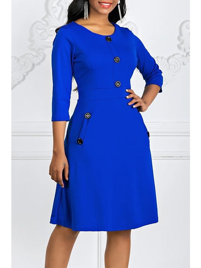 2024 Plus-Size European and American Style Solid Color Round Neck Short-Sleeve Three-Quarter Sleeve Buttoned Waist-Cinching A-Line Dress Vacation Beach Dress - Cozy & Co. Market