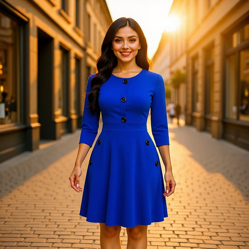 2024 Plus-Size European and American Style Solid Color Round Neck Short-Sleeve Three-Quarter Sleeve Buttoned Waist-Cinching A-Line Dress Vacation Beach Dress - Cozy & Co. Market