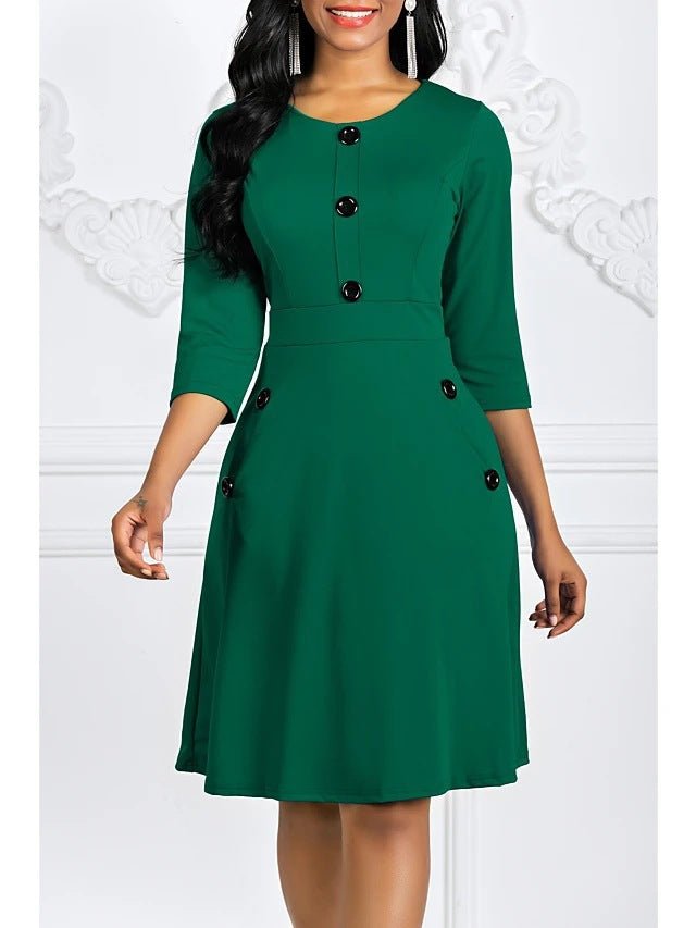 2024 Plus-Size European and American Style Solid Color Round Neck Short-Sleeve Three-Quarter Sleeve Buttoned Waist-Cinching A-Line Dress Vacation Beach Dress - Cozy & Co. Market