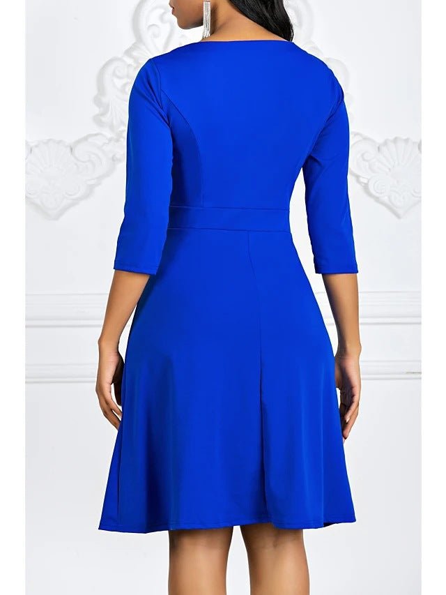2024 Plus-Size European and American Style Solid Color Round Neck Short-Sleeve Three-Quarter Sleeve Buttoned Waist-Cinching A-Line Dress Vacation Beach Dress - Cozy & Co. Market