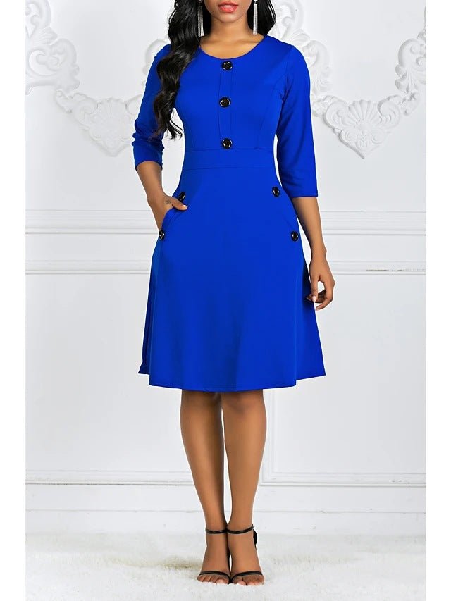 2024 Plus-Size European and American Style Solid Color Round Neck Short-Sleeve Three-Quarter Sleeve Buttoned Waist-Cinching A-Line Dress Vacation Beach Dress - Cozy & Co. Market