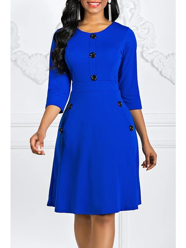 2024 Plus-Size European and American Style Solid Color Round Neck Short-Sleeve Three-Quarter Sleeve Buttoned Waist-Cinching A-Line Dress Vacation Beach Dress - Cozy & Co. Market