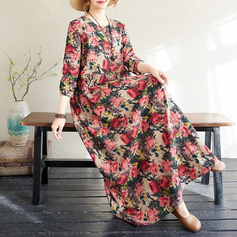 2025 Early Spring New Style Color Holiday Style Travel Crewneck Long Sleeve Retro Long Dress Women's Mat Covering Cotton and Linen dress - Cozy & Co. Market