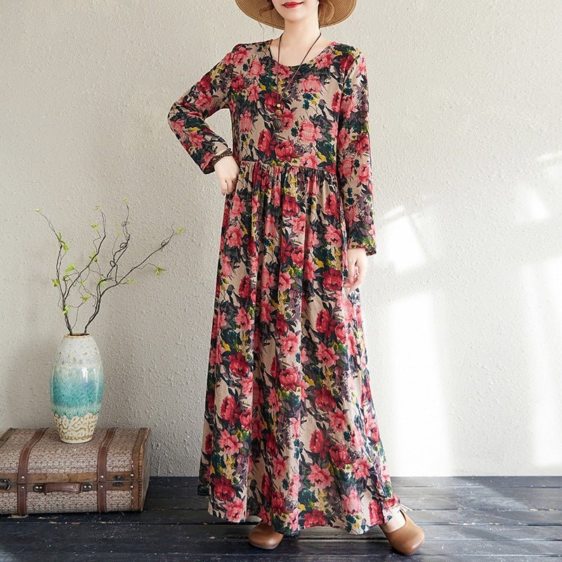 2025 Early Spring New Style Color Holiday Style Travel Crewneck Long Sleeve Retro Long Dress Women's Mat Covering Cotton and Linen dress - Cozy & Co. Market