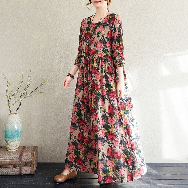 2025 Early Spring New Style Color Holiday Style Travel Crewneck Long Sleeve Retro Long Dress Women's Mat Covering Cotton and Linen dress - Cozy & Co. Market