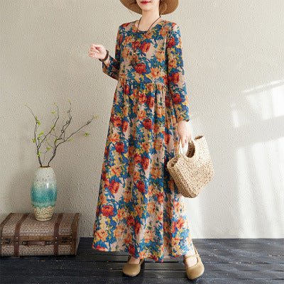 2025 Early Spring New Style Color Holiday Style Travel Crewneck Long Sleeve Retro Long Dress Women's Mat Covering Cotton and Linen dress - Cozy & Co. Market