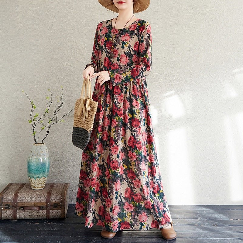 2025 Early Spring New Style Color Holiday Style Travel Crewneck Long Sleeve Retro Long Dress Women's Mat Covering Cotton and Linen dress - Cozy & Co. Market