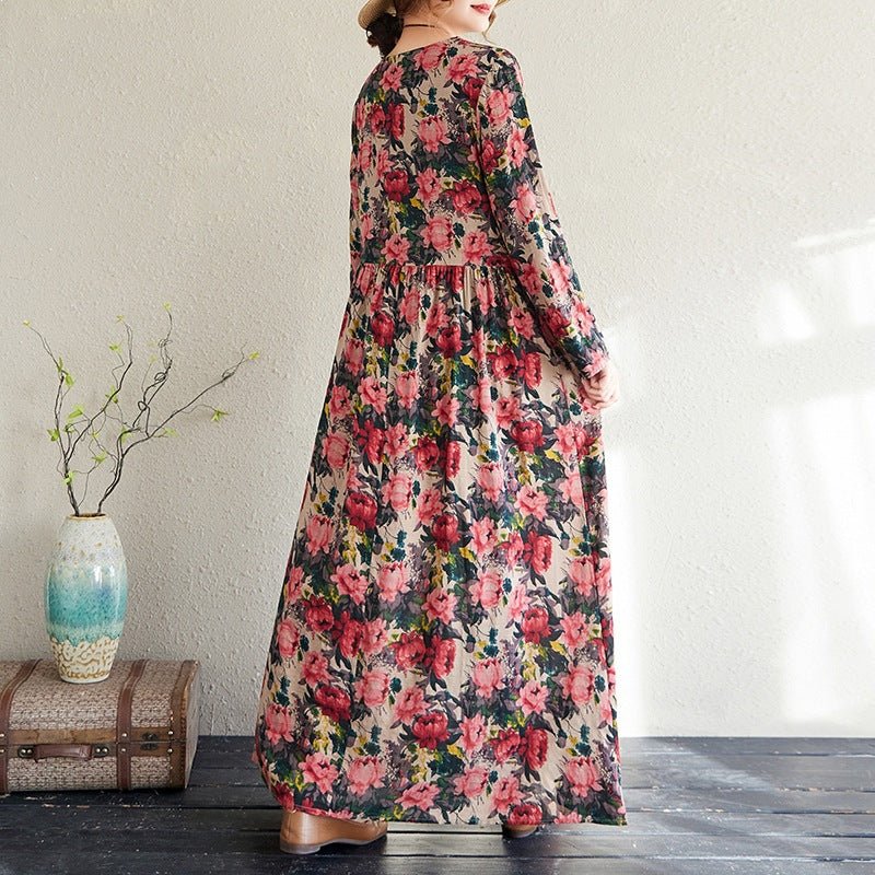 2025 Early Spring New Style Color Holiday Style Travel Crewneck Long Sleeve Retro Long Dress Women's Mat Covering Cotton and Linen dress - Cozy & Co. Market