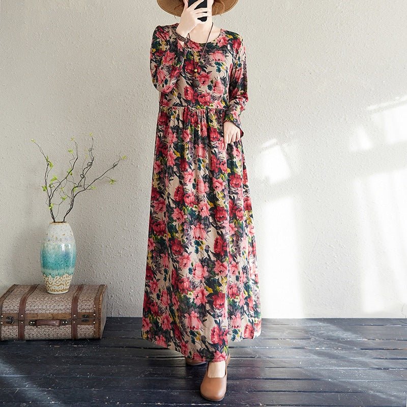2025 Early Spring New Style Color Holiday Style Travel Crewneck Long Sleeve Retro Long Dress Women's Mat Covering Cotton and Linen dress - Cozy & Co. Market
