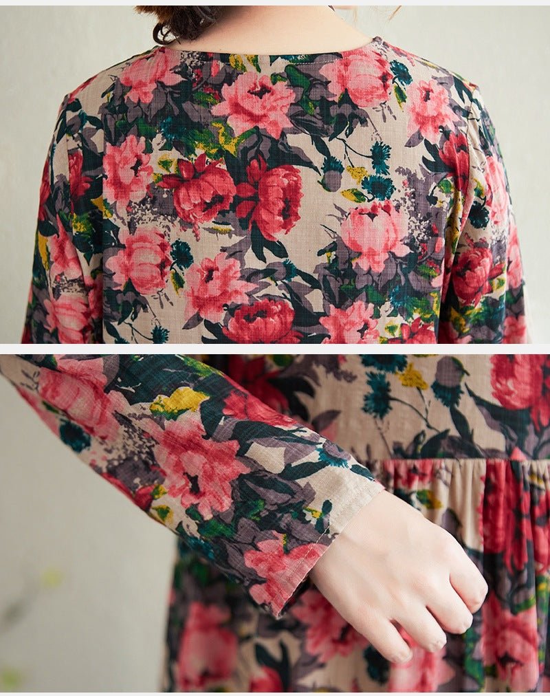 2025 Early Spring New Style Color Holiday Style Travel Crewneck Long Sleeve Retro Long Dress Women's Mat Covering Cotton and Linen dress - Cozy & Co. Market