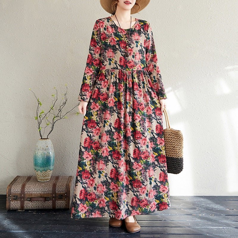 2025 Early Spring New Style Color Holiday Style Travel Crewneck Long Sleeve Retro Long Dress Women's Mat Covering Cotton and Linen dress - Cozy & Co. Market