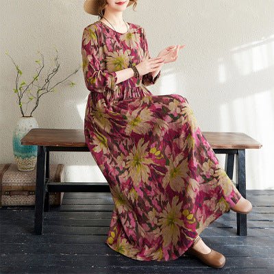 2025 Early Spring New Style Color Holiday Style Travel Crewneck Long Sleeve Retro Long Dress Women's Mat Covering Cotton and Linen dress - Cozy & Co. Market