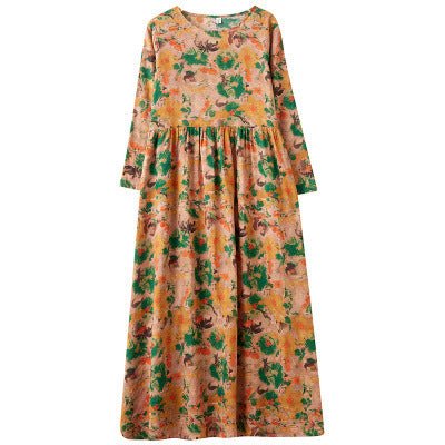 2025 Early Spring New Style Color Holiday Style Travel Crewneck Long Sleeve Retro Long Dress Women's Mat Covering Cotton and Linen dress - Cozy & Co. Market