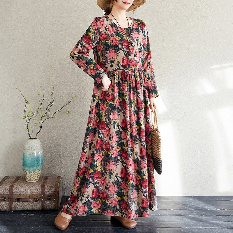 2025 Early Spring New Style Color Holiday Style Travel Crewneck Long Sleeve Retro Long Dress Women's Mat Covering Cotton and Linen dress - Cozy & Co. Market