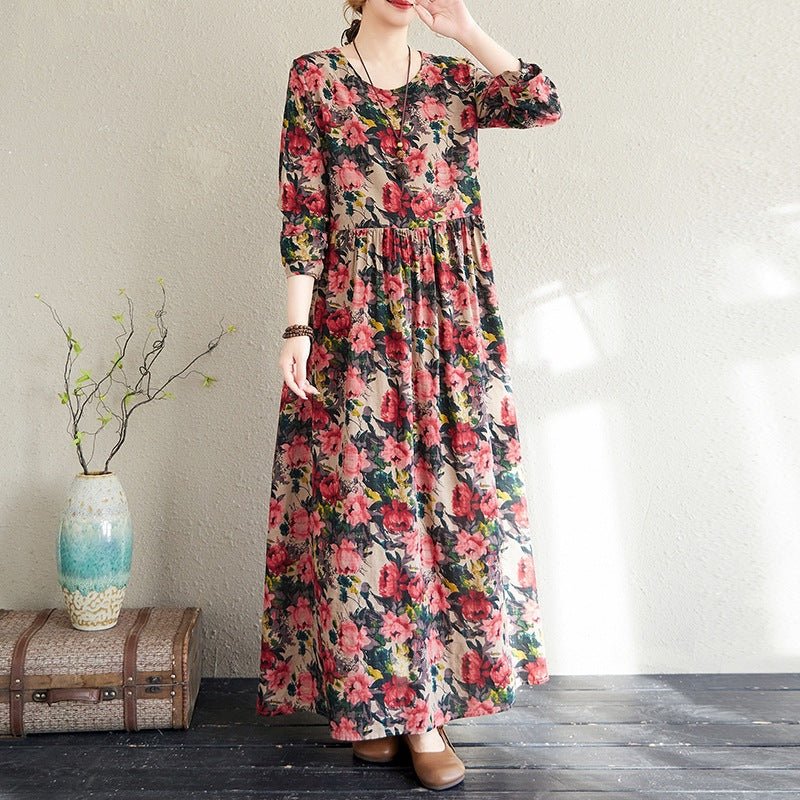 2025 Early Spring New Style Color Holiday Style Travel Crewneck Long Sleeve Retro Long Dress Women's Mat Covering Cotton and Linen dress - Cozy & Co. Market