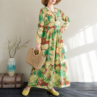 2025 Early Spring New Style Color Holiday Style Travel Crewneck Long Sleeve Retro Long Dress Women's Mat Covering Cotton and Linen dress - Cozy & Co. Market