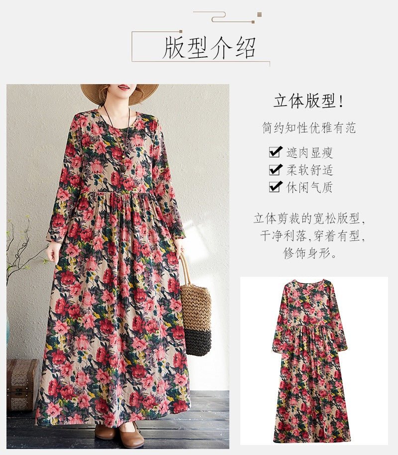 2025 Early Spring New Style Color Holiday Style Travel Crewneck Long Sleeve Retro Long Dress Women's Mat Covering Cotton and Linen dress - Cozy & Co. Market
