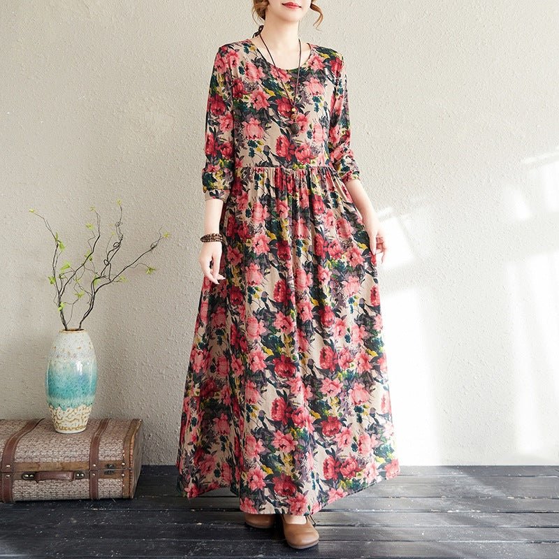 2025 Early Spring New Style Color Holiday Style Travel Crewneck Long Sleeve Retro Long Dress Women's Mat Covering Cotton and Linen dress - Cozy & Co. Market