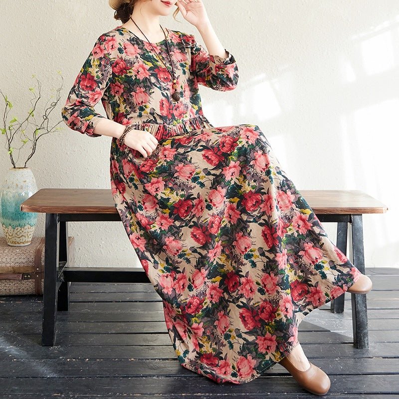 2025 Early Spring New Style Color Holiday Style Travel Crewneck Long Sleeve Retro Long Dress Women's Mat Covering Cotton and Linen dress - Cozy & Co. Market
