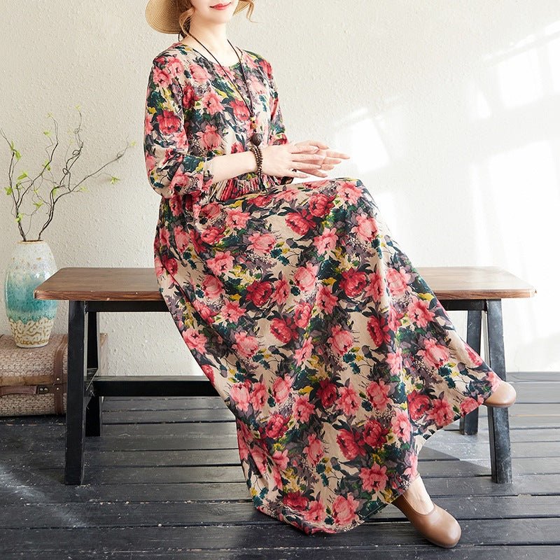 2025 Early Spring New Style Color Holiday Style Travel Crewneck Long Sleeve Retro Long Dress Women's Mat Covering Cotton and Linen dress - Cozy & Co. Market