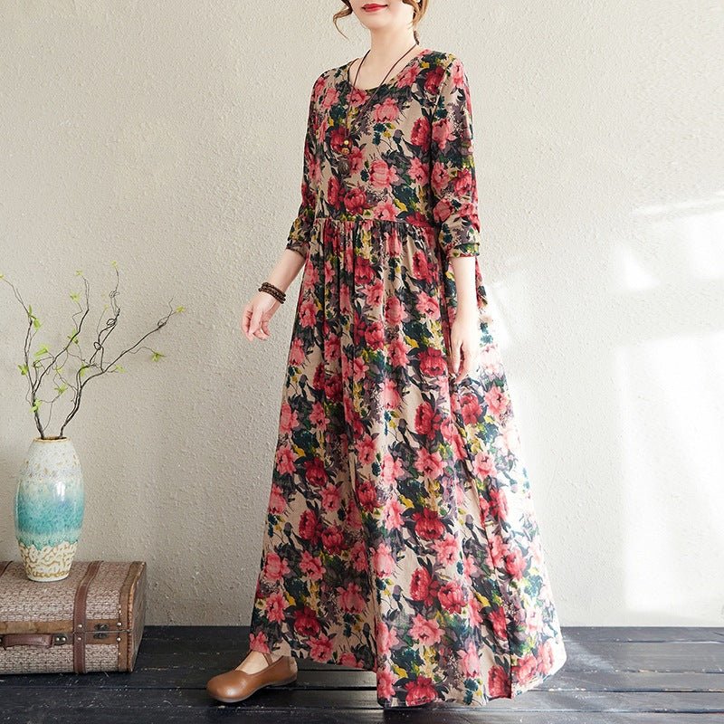 2025 Early Spring New Style Color Holiday Style Travel Crewneck Long Sleeve Retro Long Dress Women's Mat Covering Cotton and Linen dress - Cozy & Co. Market