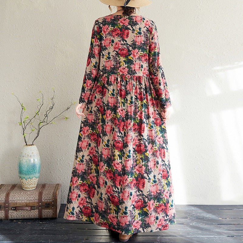 2025 Early Spring New Style Color Holiday Style Travel Crewneck Long Sleeve Retro Long Dress Women's Mat Covering Cotton and Linen dress - Cozy & Co. Market