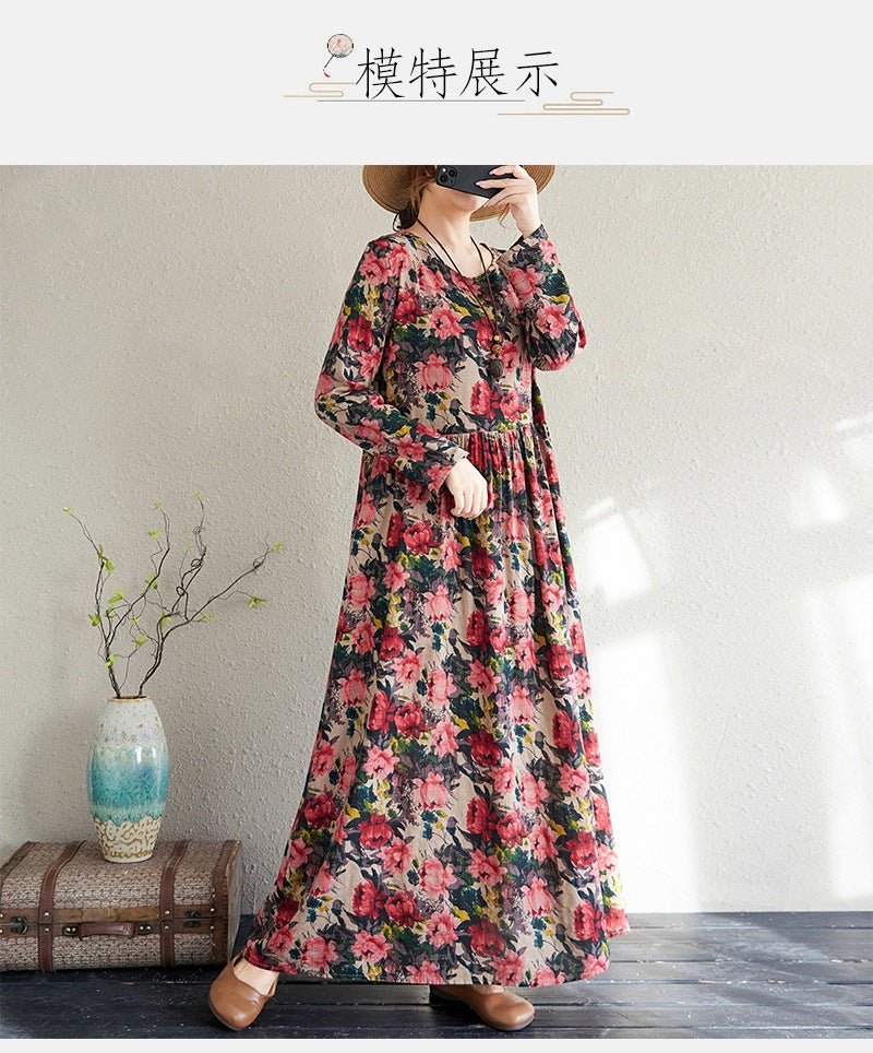 2025 Early Spring New Style Color Holiday Style Travel Crewneck Long Sleeve Retro Long Dress Women's Mat Covering Cotton and Linen dress - Cozy & Co. Market