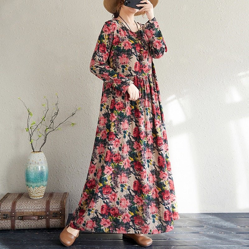 2025 Early Spring New Style Color Holiday Style Travel Crewneck Long Sleeve Retro Long Dress Women's Mat Covering Cotton and Linen dress - Cozy & Co. Market