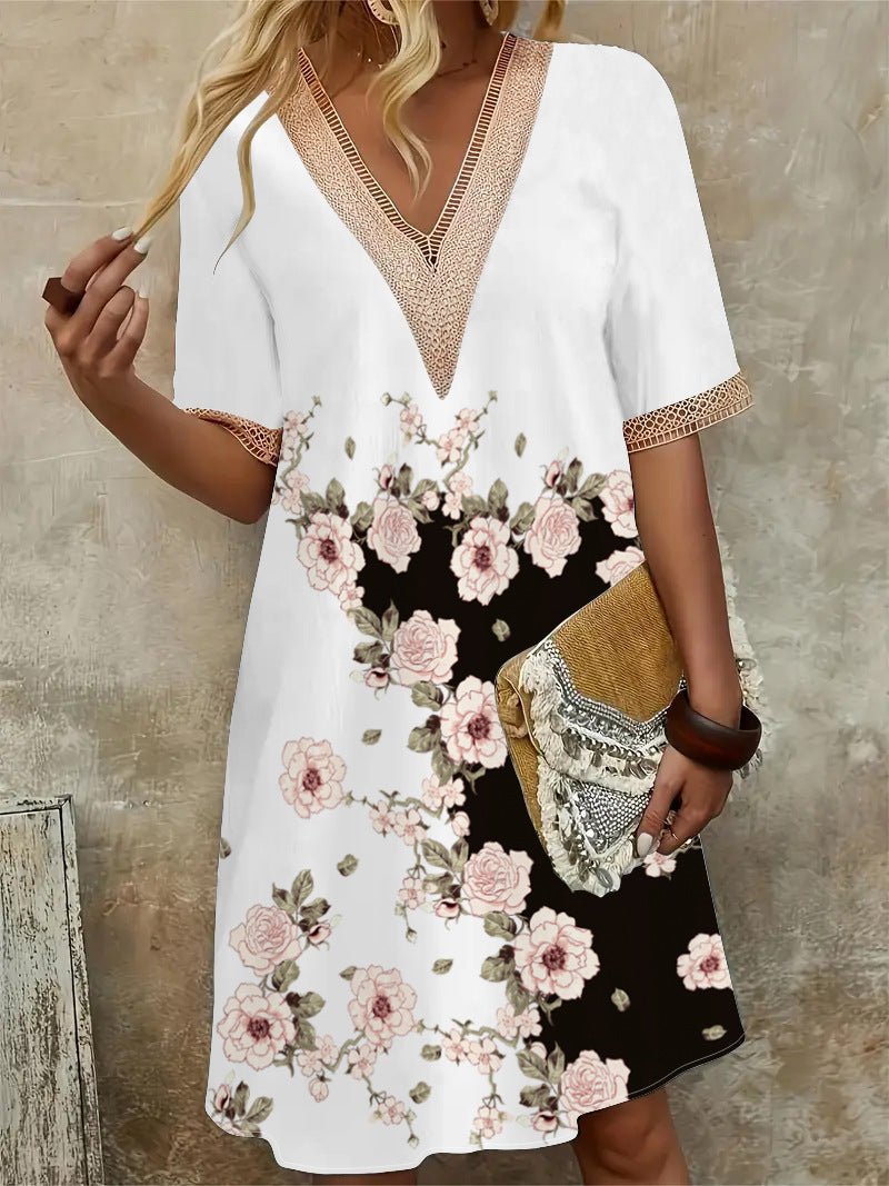 2025 Europe and the United States cross-border new spring and summer printed dress lace V-neck loose large swing short sleeve long dress - Cozy & Co. Market
