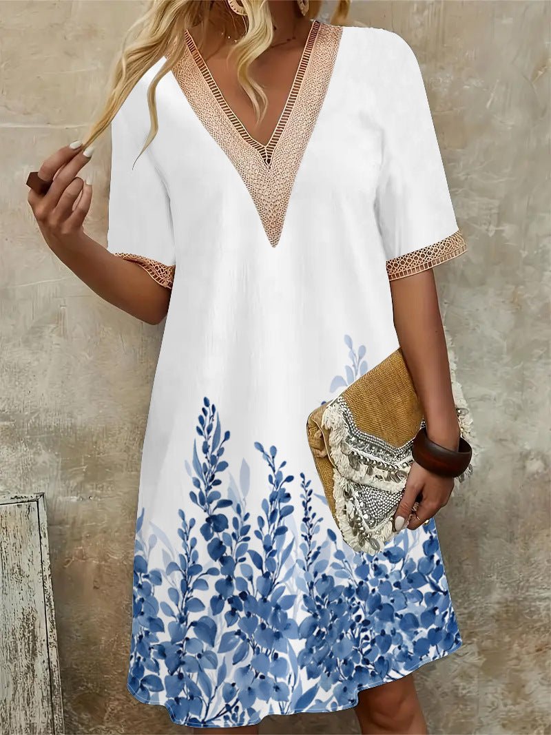 2025 Europe and the United States cross-border new spring and summer printed dress lace V-neck loose large swing short sleeve long dress - Cozy & Co. Market