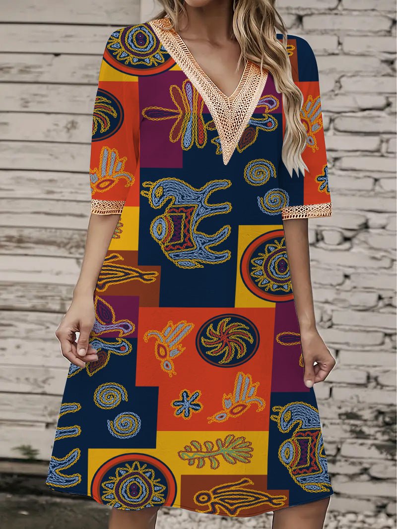 2025 Europe and the United States cross-border new spring and summer printed dress lace V-neck loose large swing short sleeve long dress - Cozy & Co. Market
