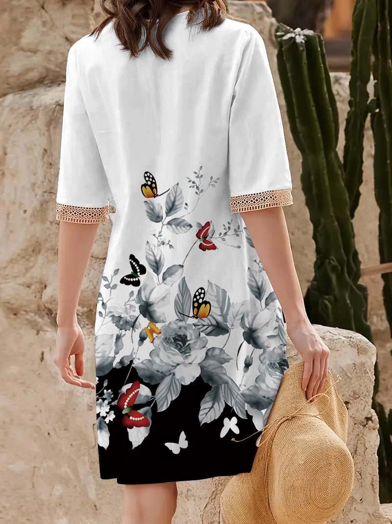 2025 Europe and the United States cross-border new spring and summer printed dress lace V-neck loose large swing short sleeve long dress - Cozy & Co. Market